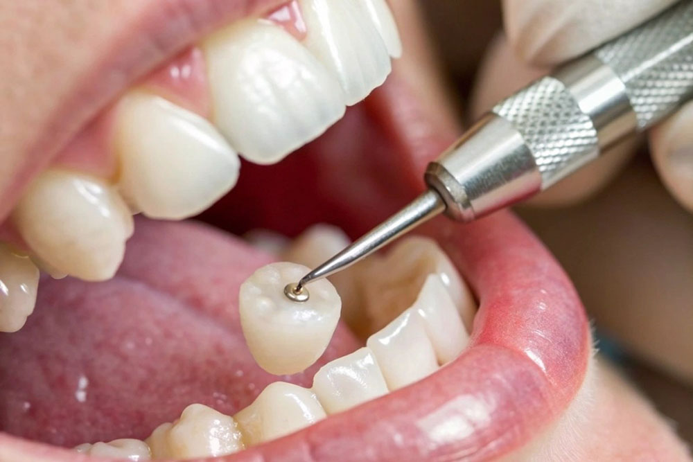 dentist inserting a dental crown into the mouth of a patient